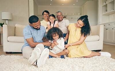 Buy stock photo Happy, family and home with fun and tickle with mother, grandparents and children together. Parent relax, dad love and support with kids on a lounge sofa in a house with a smile in a living room 
