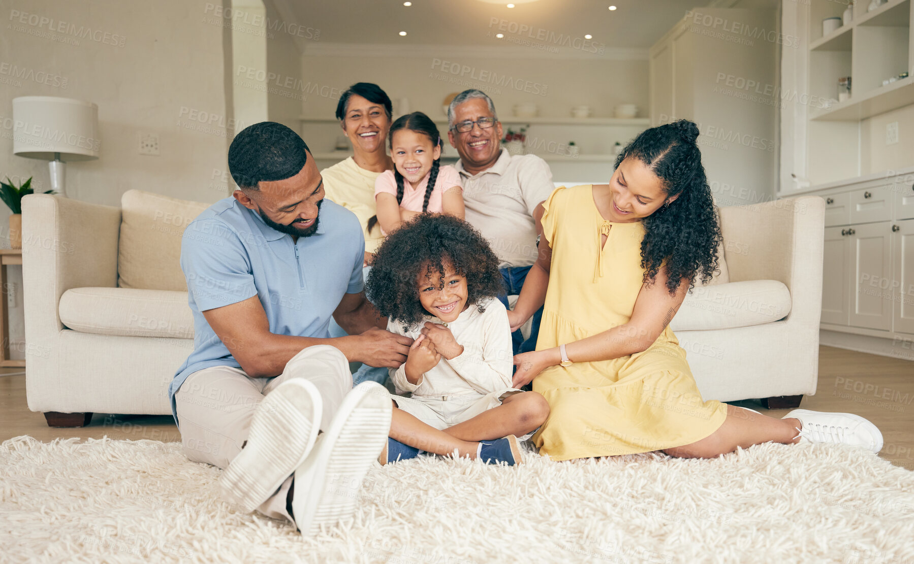 Buy stock photo Happy, family and home with fun and tickle with mother, grandparents and children together. Parent relax, dad love and support with kids on a lounge sofa in a house with a smile in a living room 