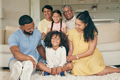 Buy stock photo Parents, children and big family in home of love, care and quality time together. Mother, father and portrait of grandparents relax with young kids in lounge for support, smile or bond of generations
