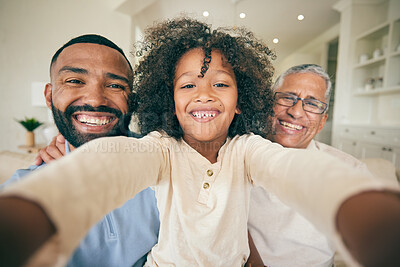 Buy stock photo Selfie of dad, grandfather and boy child in home for love, profile picture and quality time together. Face portrait of young kid with photography of family generations, memory or smile on fathers day