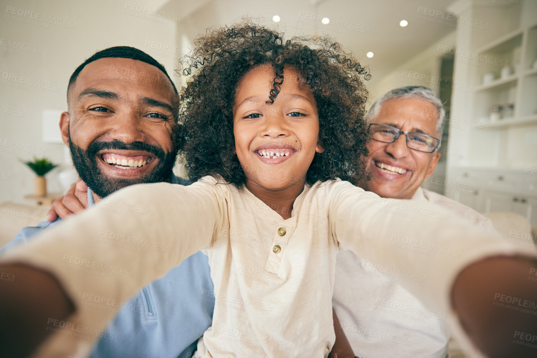 Buy stock photo Selfie of dad, grandfather and boy child in home for love, profile picture and quality time together. Face portrait of young kid with photography of family generations, memory or smile on fathers day