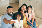 Family, home selfie and children with parents on social media, online memory and bond together on sofa. Happy biracial kids and girl or mother and father in profile picture or photography for holiday