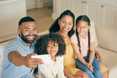 Buy stock photo Family, home selfie and children with parents on social media, online memory and bond together on sofa. Happy biracial kids and girl or mother and father in profile picture or photography for holiday