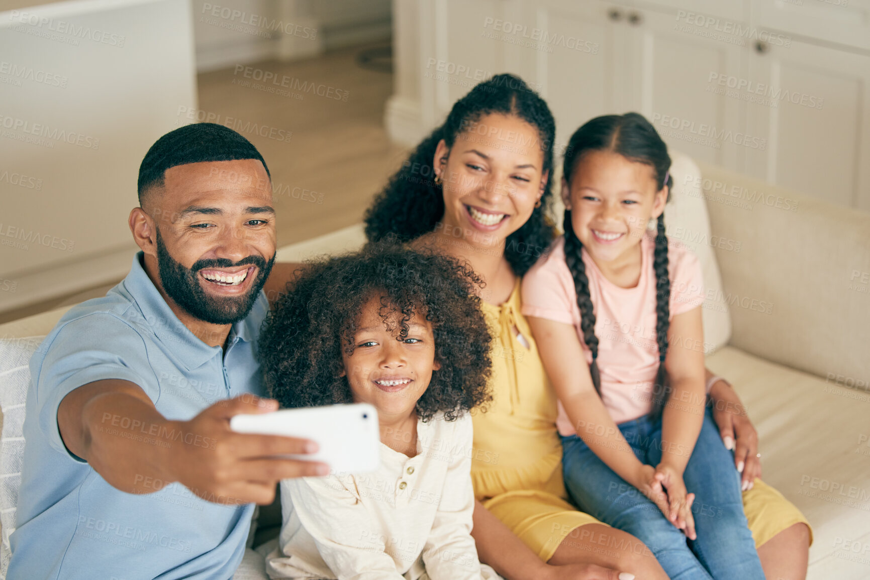 Buy stock photo Family, home selfie and children with parents on social media, online memory and bond together on sofa. Happy biracial kids and girl or mother and father in profile picture or photography for holiday