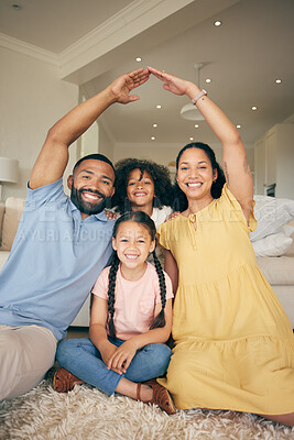 Buy stock photo Security, portrait and happy family home with roof hands for safety, real estate investment and property insurance. Bonding, mortgage or relax mother, father and children smile for homeowner house
