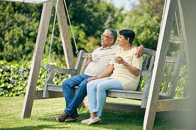 Buy stock photo Tea, bench or old couple in park or nature talking and bonding together in retirement on holiday date. Senior, elderly man or mature woman drinking coffee to relax with love, peace or care in garden