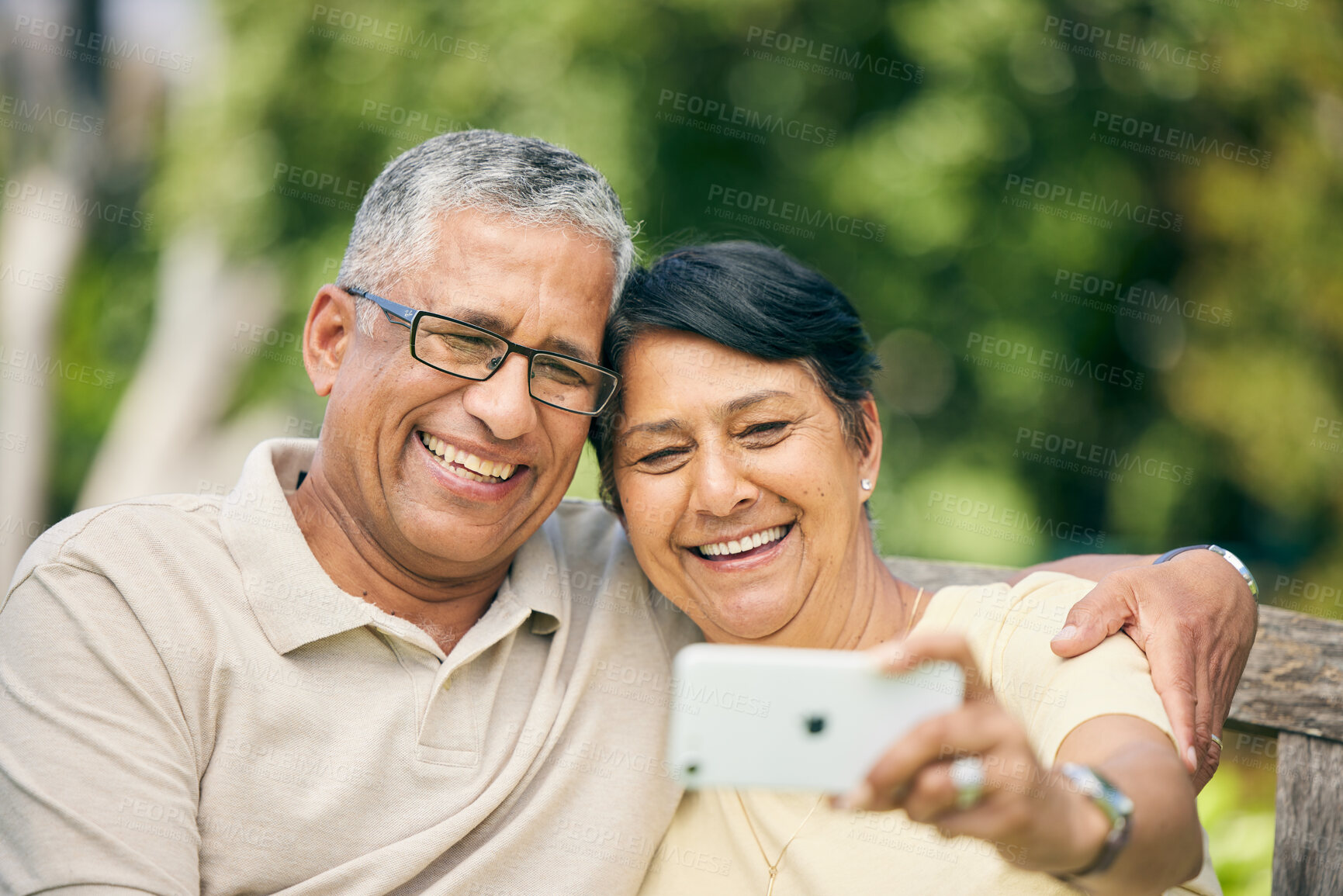 Buy stock photo Smile, senior couple and selfie at park, nature or countryside outdoor, bonding together and love. Happy, profile picture and elderly man and woman taking photo for memory, social media or retirement
