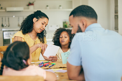 Buy stock photo Home education, parents and teaching kids for family support, knowledge and reading project together. Mother, father and children learning for creative development, growth and helping for studying