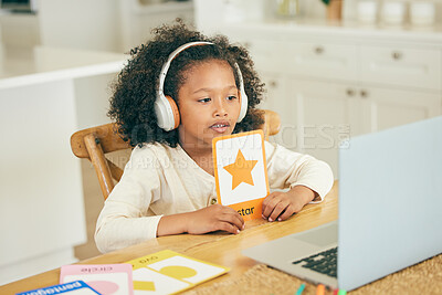 Buy stock photo Shape, video call or child with laptop for education, remote learning or knowledge in online class at home. Girl, kid or young kindergarten student ready for elearning assessment test or studying 