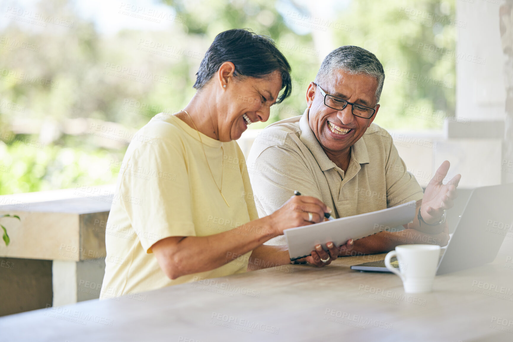 Buy stock photo Laptop, budget and senior couple planning retirement pension fund online, internet or working together. Happy, paperwork and elderly people writing an mortgage plan or sign a contract in a home