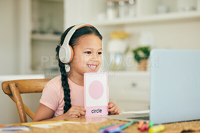 Buy stock photo Shape, video call or happy girl with laptop for education, remote learning or knowledge in online class at home. Girl, child or excited kindergarten student elearning assessment test or studying 