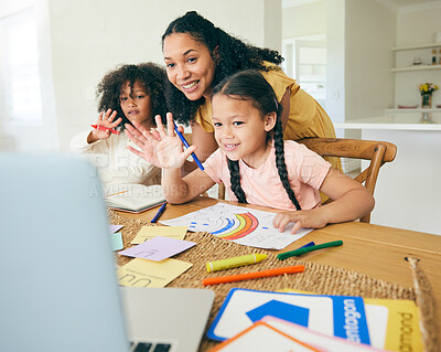 Buy stock photo Video call, laptop and children with mother for e learning support, online class and home education. African kids, family and mom on computer, teaching platform and virtual creative school wave hello