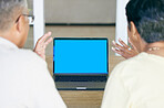 Couple, video call and mockup space on laptop for voip communication, digital connection or chat from the back. Man, woman and wave hello on computer screen for conversation, online contact or webcam