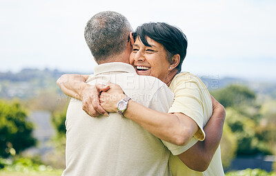 Buy stock photo Senior woman, hug and couple together in nature with happiness, love and care for husband or partner in garden. Happy, smile on face and people in retirement park, marriage and support in embrace
