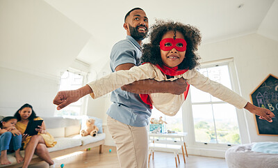 Buy stock photo Superhero flight, father and happy kid playing pretend game, imagine flying and enjoy quality time together, fun or bond. Action hero, Halloween fantasy costume and family dad and child play at home 