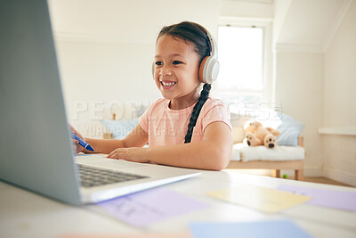 Buy stock photo Laptop, homeschooling and girl student on a video call in a class doing homework in her bedroom at house. Education, technology and kid or child on virtual online lesson for elearning on a computer.