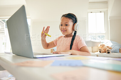 Buy stock photo Laptop, elearning and child on a video call wave in a class doing homework in her bedroom at her house. Greeting, technology and kid student in a virtual online lesson for home school on a computer.
