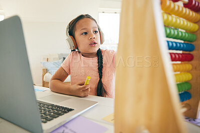 Buy stock photo Child, online learning and abacus with laptop and children education app with studying. Computer, young girl and headphones with tech and digital course with kids and elearning at home on desk