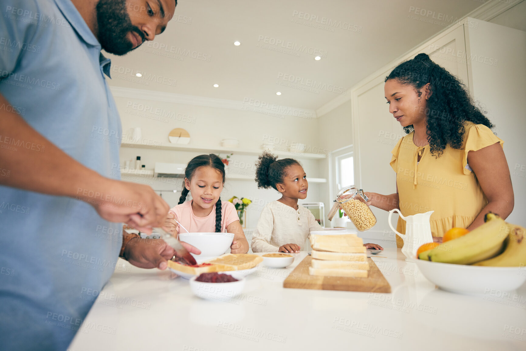 Buy stock photo Family, eating and children in kitchen for breakfast, lunch and prepare meal at home together. Happy parents, morning and girls, mother and father with food for healthy diet, hunger and nutrition