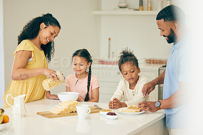 Buy stock photo Parents, morning and children in kitchen for breakfast, lunch and prepare meal at home together. Happy family, eating and girls, mother and father with food for healthy diet, hunger and nutrition
