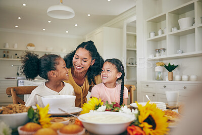 Buy stock photo Happy, mother and children at table for breakfast, lunch and eating meal at home together. Family, morning and mom with girls in dining room with food for health, child development and nutrition