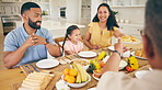 Parents, grandparents and children at table for breakfast, dinner and meal together for bonding at home. Family, happy and mother, father and kids with food for eating, social gathering and wellness