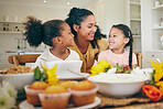 Family, mother and children at table for breakfast, lunch and eating meal at home together. Happy, morning and mom with girls in dining room with food for health, child development and nutrition