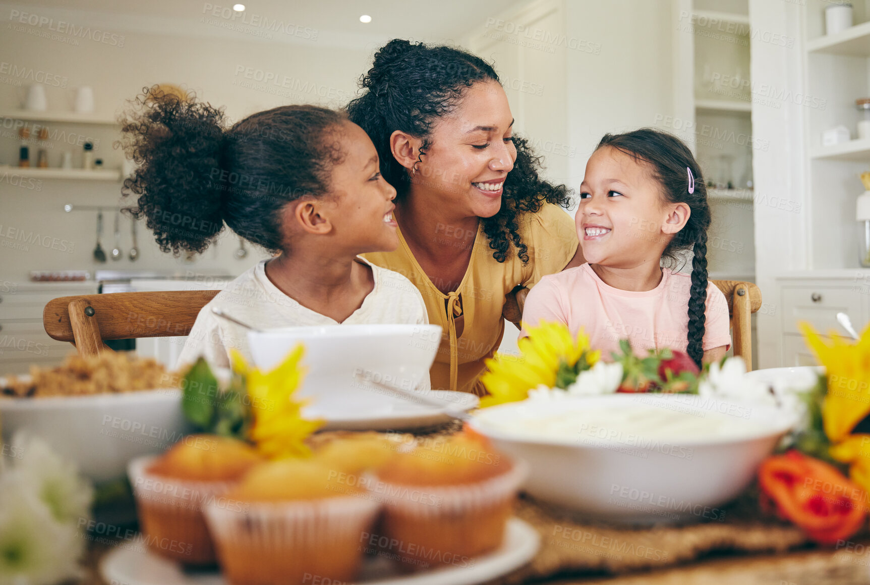 Buy stock photo Family, mother and children at table for breakfast, lunch and eating meal at home together. Happy, morning and mom with girls in dining room with food for health, child development and nutrition