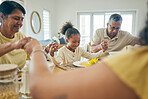 Family, home and holding hands in prayer while eating at dinner table with grandparents, children and food. Happy people, kids and worship for praying thanks of meal, lunch and respect in dining room