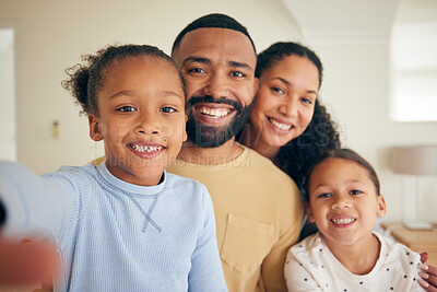 Buy stock photo Face of parents, children and happy for selfie in home for love, care and quality time together. Portrait of mother, father and young kids smile to capture profile picture for memory in family house