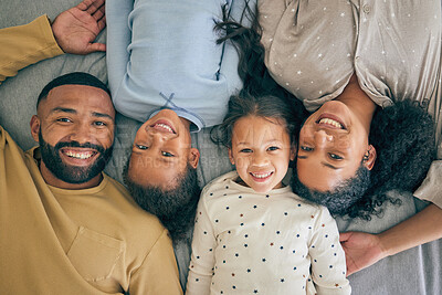 Buy stock photo Happy family, bed and portrait of children relax or happy with parents together in the morning in a bedroom. Smile, dad and mom enjoy quality time with kids or girls with happiness, care and love