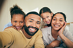 Face of parents, kids and happy selfie in home for love, care and enjoy quality time together. Portrait of mother, father and young children relax with smile, memory and photography in family house