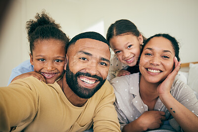 Buy stock photo Face of parents, kids and happy selfie in home for love, care and enjoy quality time together. Portrait of mother, father and young children relax with smile, memory and photography in family house