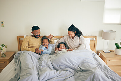 Buy stock photo Morning, relax and family with children on bed for bonding with happiness on weekend with care. Love, parents and kid together in bedroom for rest with girls or love for quality time  with youth.