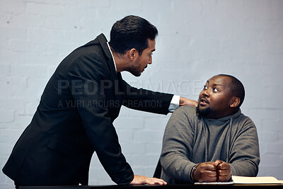 Buy stock photo Interrogation, arrest and force with detective and criminal in prison for law, security and african prisoner. Justice, interview and police with people and question for information, jail and violence
