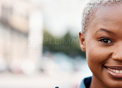 Buy stock photo Mockup, police or portrait of woman in city for law enforcement, protection or legal street safety. Face of cop, space or closeup of happy security guard on patrol in urban town for crime or justice