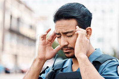 Buy stock photo Stress, danger or policeman in city with headache, anxiety or burnout working for justice or law enforcement. Tired cop, legal or security guard with head pain, emergency crisis or migraine on street