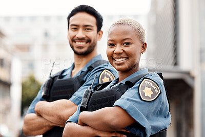 Buy stock photo Happy police, team and arms crossed in confidence for city protection, law enforcement or crime. Portrait of man and woman officer standing ready for justice, security or teamwork in an urban town