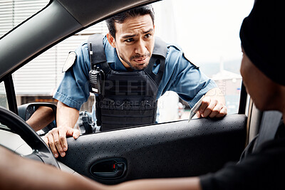 Buy stock photo Talking, drivers license or policeman in city to check info for law enforcement, protection or street safety. Questions, traffic stop or Asian cop on security patrol for road block or crime justice