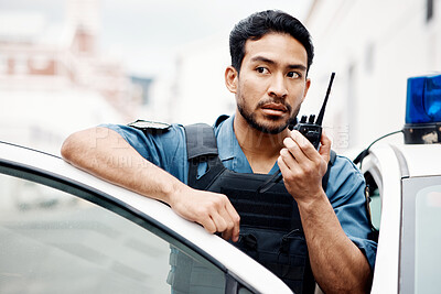 Buy stock photo Asian man, police and walkie talkie for radio in city communication, reinforcement or emergency. Serious male person or security guard by cop car and calling backup for crime on patrol in urban town