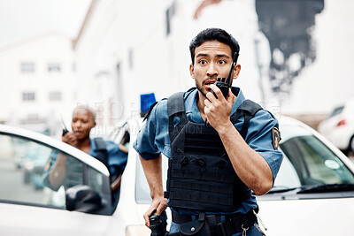 Buy stock photo Asian man, police and walkie talkie for suspect in city communication, reinforcement or emergency. Serious male person, security guard or cop radio calling backup for crime in street of an urban town
