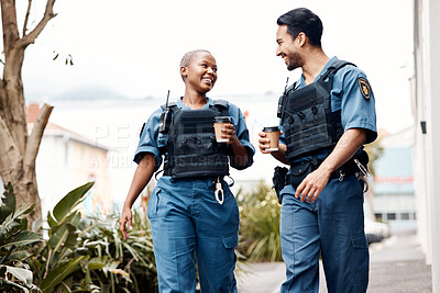 Buy stock photo Police, conversation and team on a coffee break after investigation, walking and patrol for law protection in city. Criminal, happy and legal service guard or security smile for justice enforcement