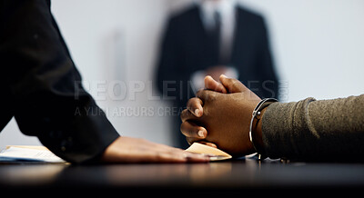 Buy stock photo Interrogation, legal and crime with hands of people in prison for law, security and questions. Justice, handcuffs and police with closeup of criminal and detective for information, jail and arrest