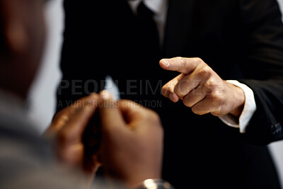 Buy stock photo Criminal, hands pointing at man and interrogation with police officer, detective or lawyer with handcuffs. Anger, law questions and prisoner at arrest, men in legal interview for crime investigation.