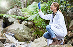 Forest, environment and woman scientist test water for research or inspection of the ecosystem and study of sample. Science, sustainable and professional environmentalist doing carbon footprint exam