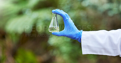 Buy stock photo Environment, science and flask with hands of scientist in nature for quality control, research and water. Sustainability, study and medical with closeup of person in forest for eco biotechnology