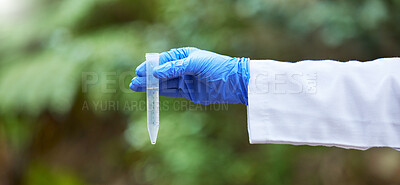 Buy stock photo Environment, water and test tube with hands of scientist in nature for quality control, research and science. Sustainability, study and medical with closeup of person in forest for eco biotechnology
