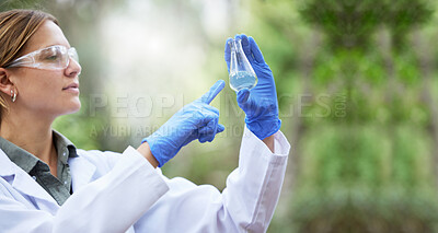 Buy stock photo Forest, water and woman scientist test for ecology research or inspection of the ecosystem, agriculture or environment study. Science, sustainable and professional environmentalist doing sample exam