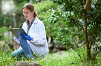 Science in forest, checklist of plants and woman in nature, studying growth of trees for sustainable analysis. Ecology, development and research in biology, scientist with clipboard test for grass.