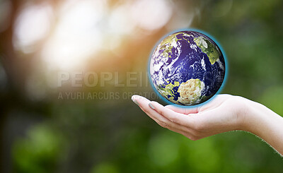 Buy stock photo Woman, hands and palm with planet earth for eco friendly environment, global warming or nature. Closeup of female person with hologram of world for sustainability, living or natural globalization
